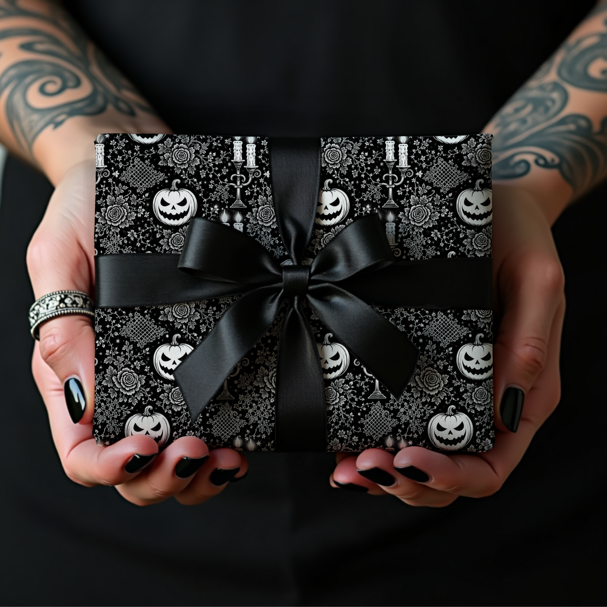 Black White Pumpkin Elegant Lace Halloween Wrapping Paper