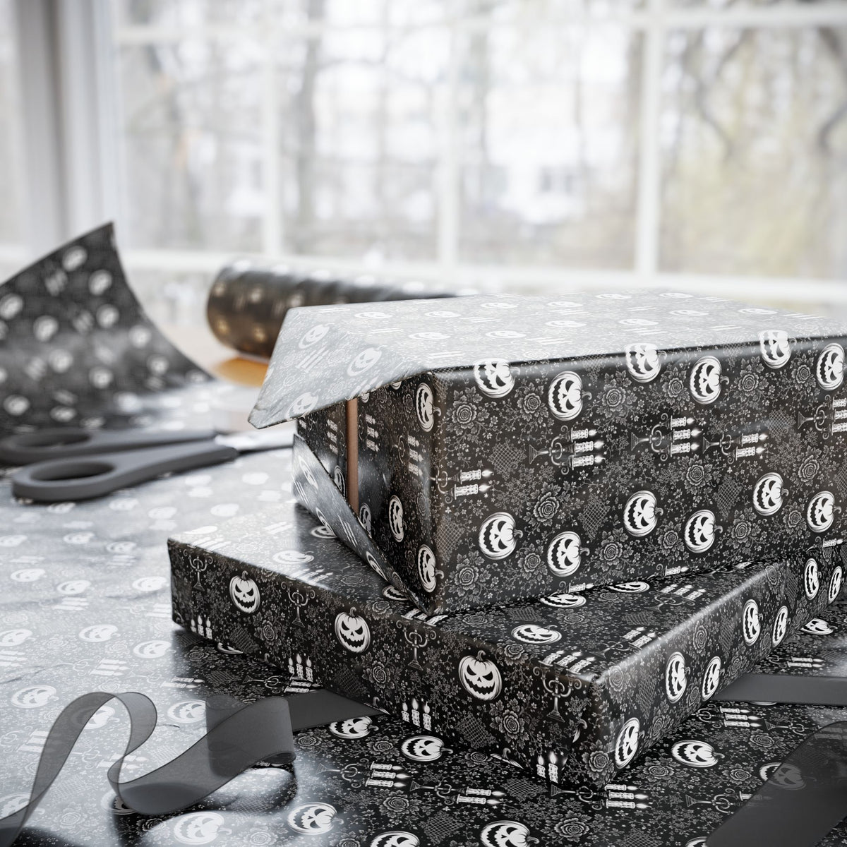 Black White Pumpkin Elegant Lace Halloween Wrapping Paper