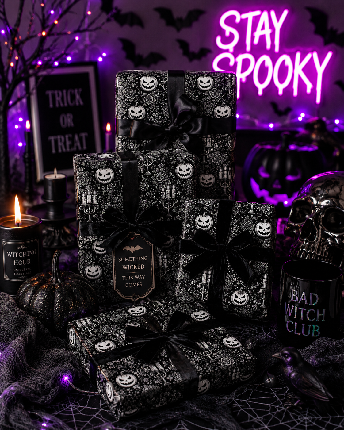 Black White Pumpkin Elegant Lace Halloween Wrapping Paper