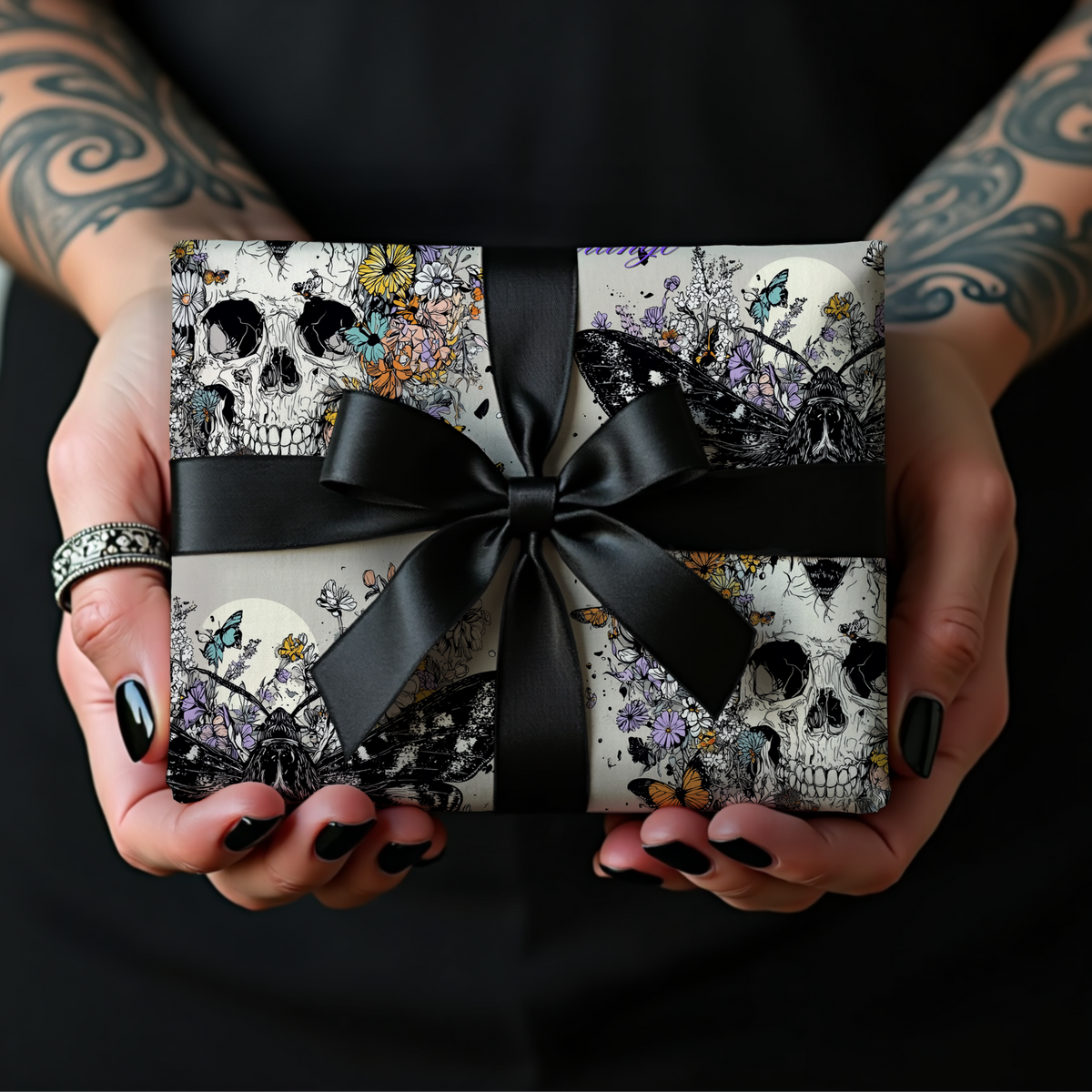 For the Beautifully Strange Gothic Skull & Moth Dark Floral Wrapping Paper