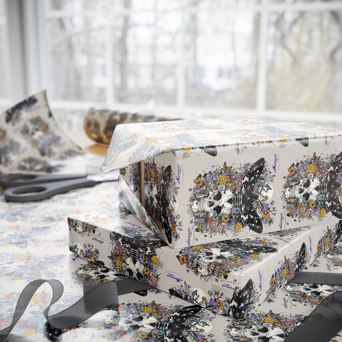 For the Beautifully Strange Gothic Skull & Moth Dark Floral Wrapping Paper
