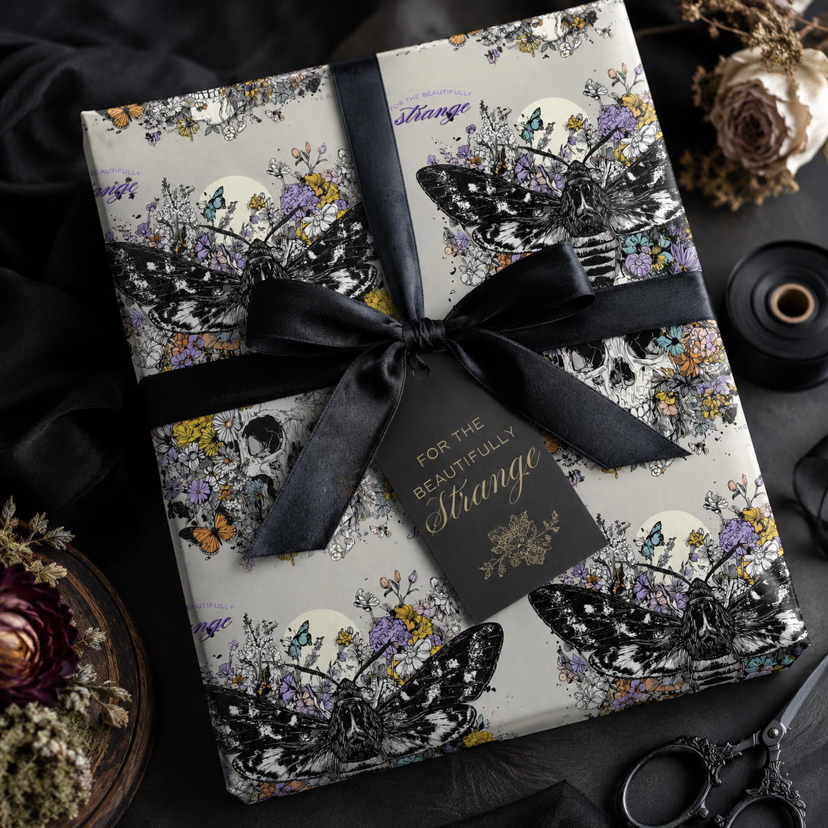 For the Beautifully Strange Gothic Skull & Moth Dark Floral Wrapping Paper