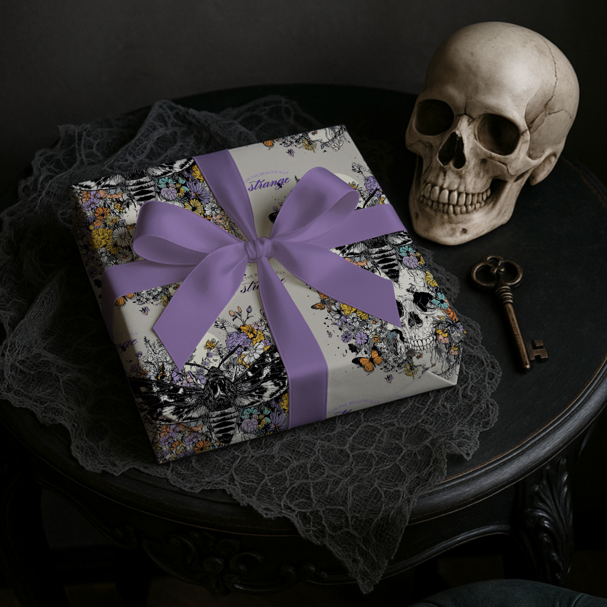 For the Beautifully Strange Gothic Skull & Moth Dark Floral Wrapping Paper