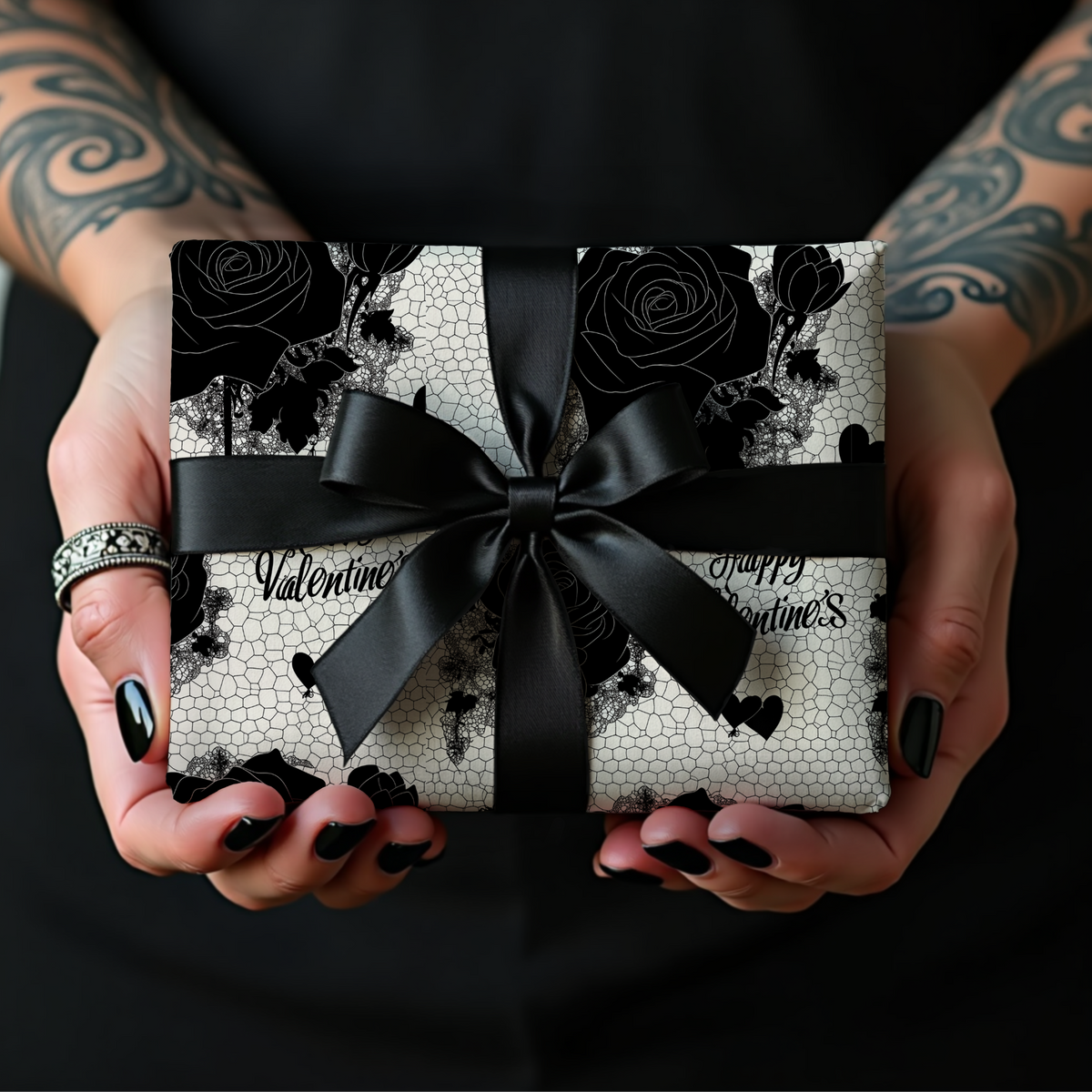 Black Lace Valentine Gothic Dark Romance Roses Valentines Wrapping Paper