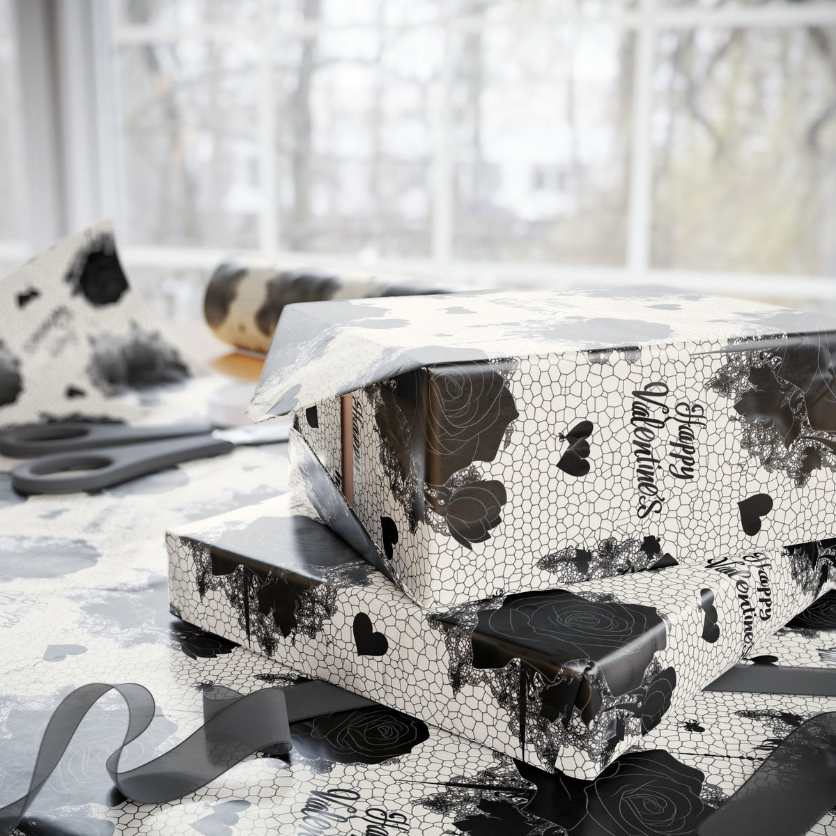 Black Lace Valentine Gothic Dark Romance Roses Valentines Wrapping Paper