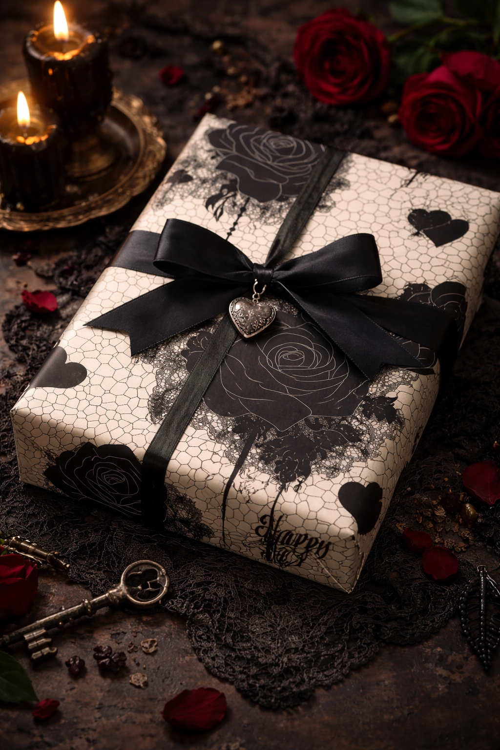 Black Lace Valentine Gothic Dark Romance Roses Valentines Wrapping Paper
