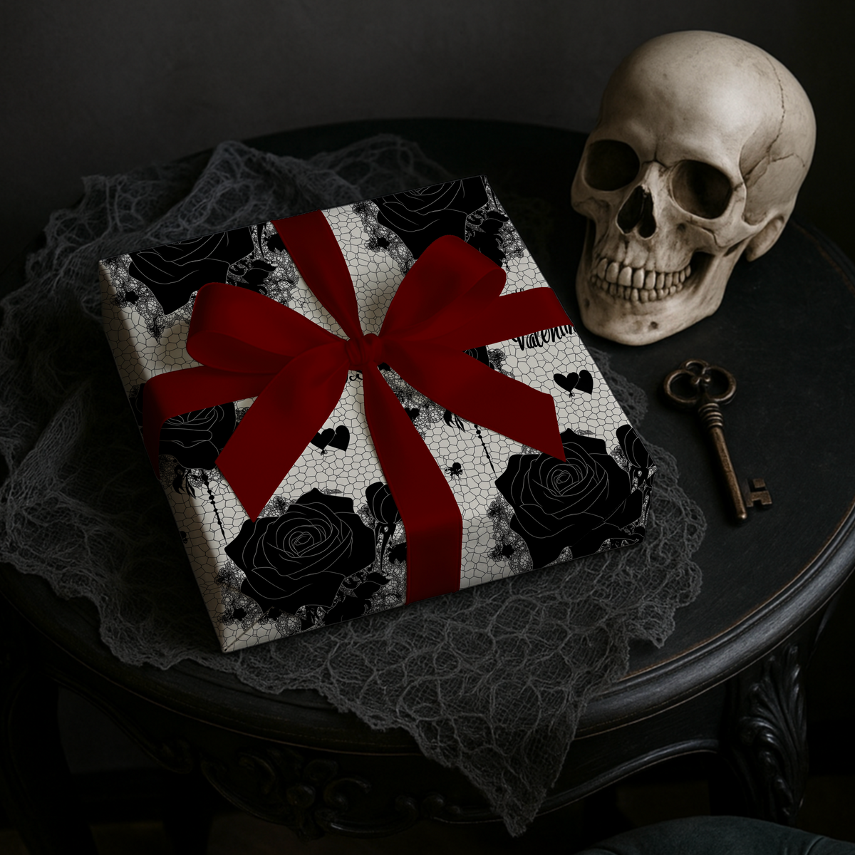 Black Lace Valentine Gothic Dark Romance Roses Valentines Wrapping Paper