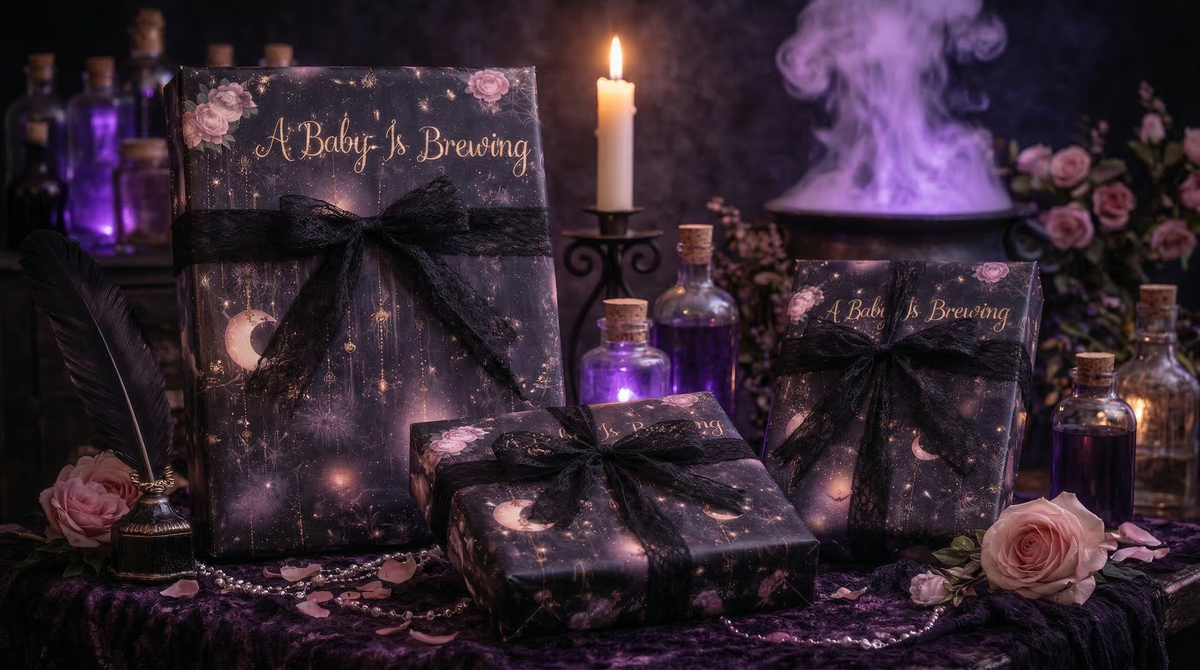 A Baby Is Brewing Witchy Celestial Moon Baby Shower Wrapping Paper