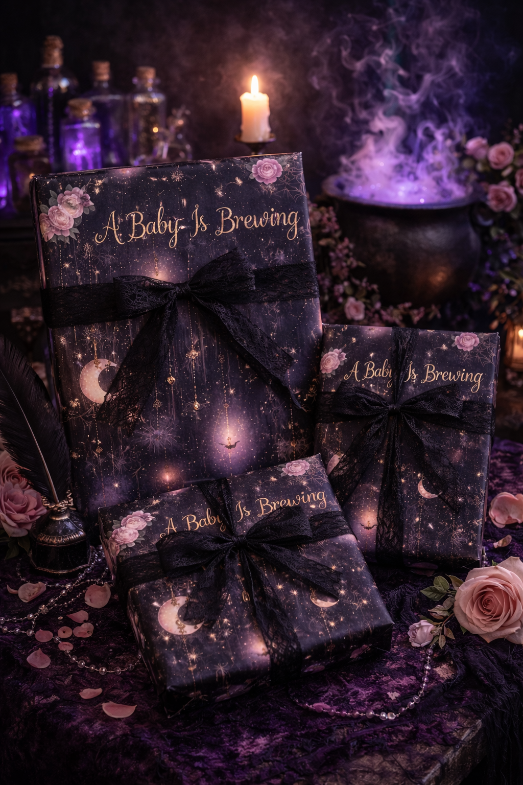 A Baby Is Brewing Witchy Celestial Moon Baby Shower Wrapping Paper
