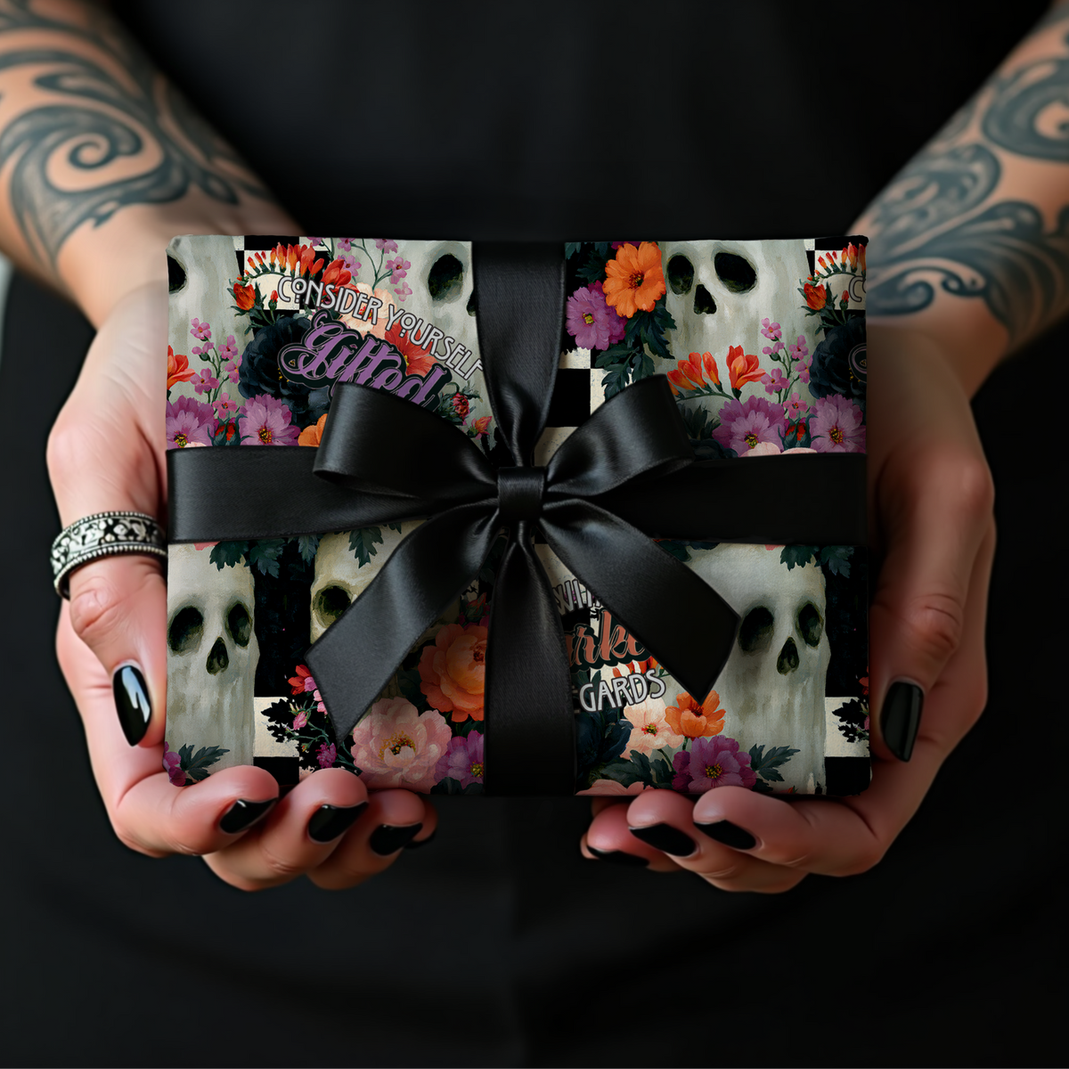 Deadly Little Pleasantries Gothic Skull Floral Wrapping Paper