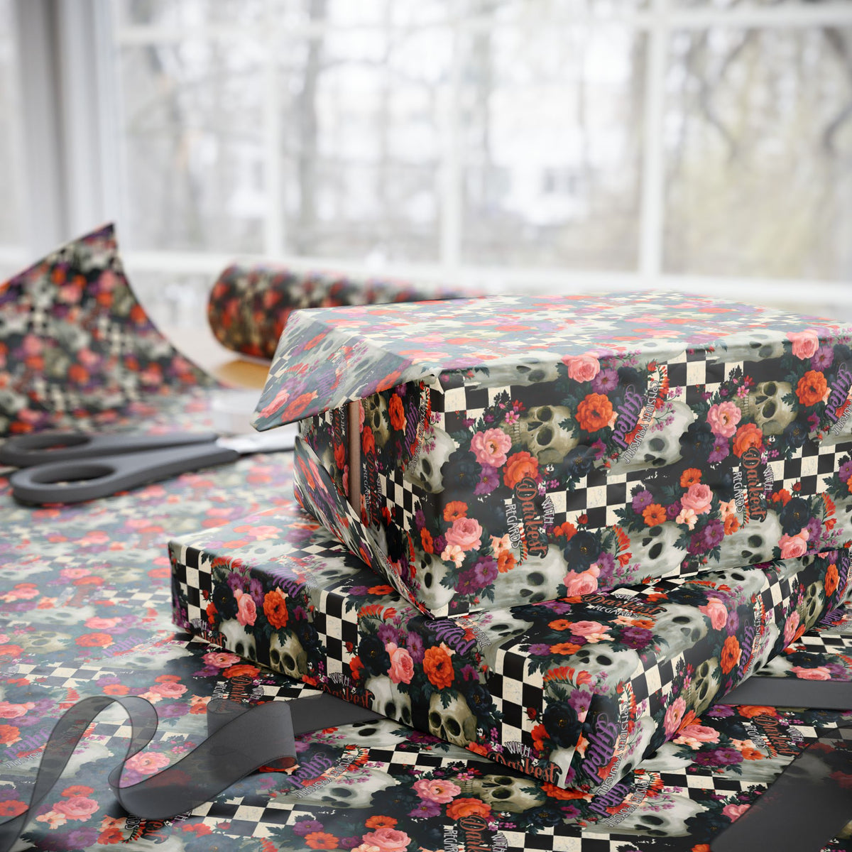 Deadly Little Pleasantries Gothic Skull Floral Wrapping Paper
