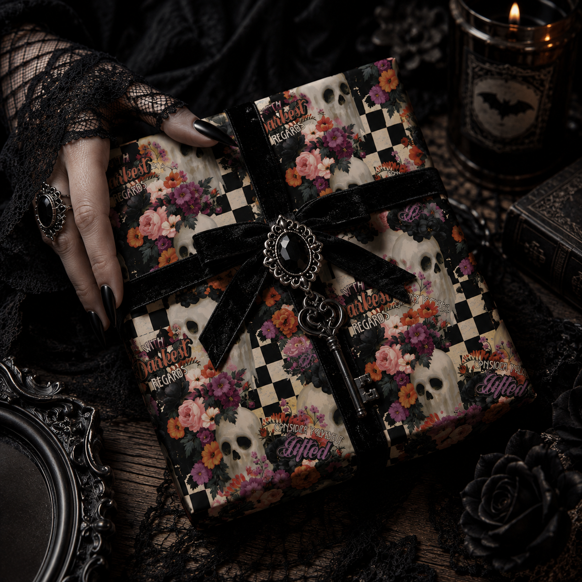 Deadly Little Pleasantries Gothic Skull Floral Wrapping Paper