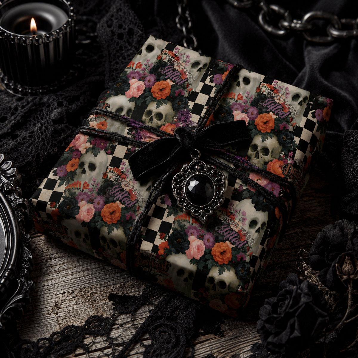 Deadly Little Pleasantries Gothic Skull Floral Wrapping Paper