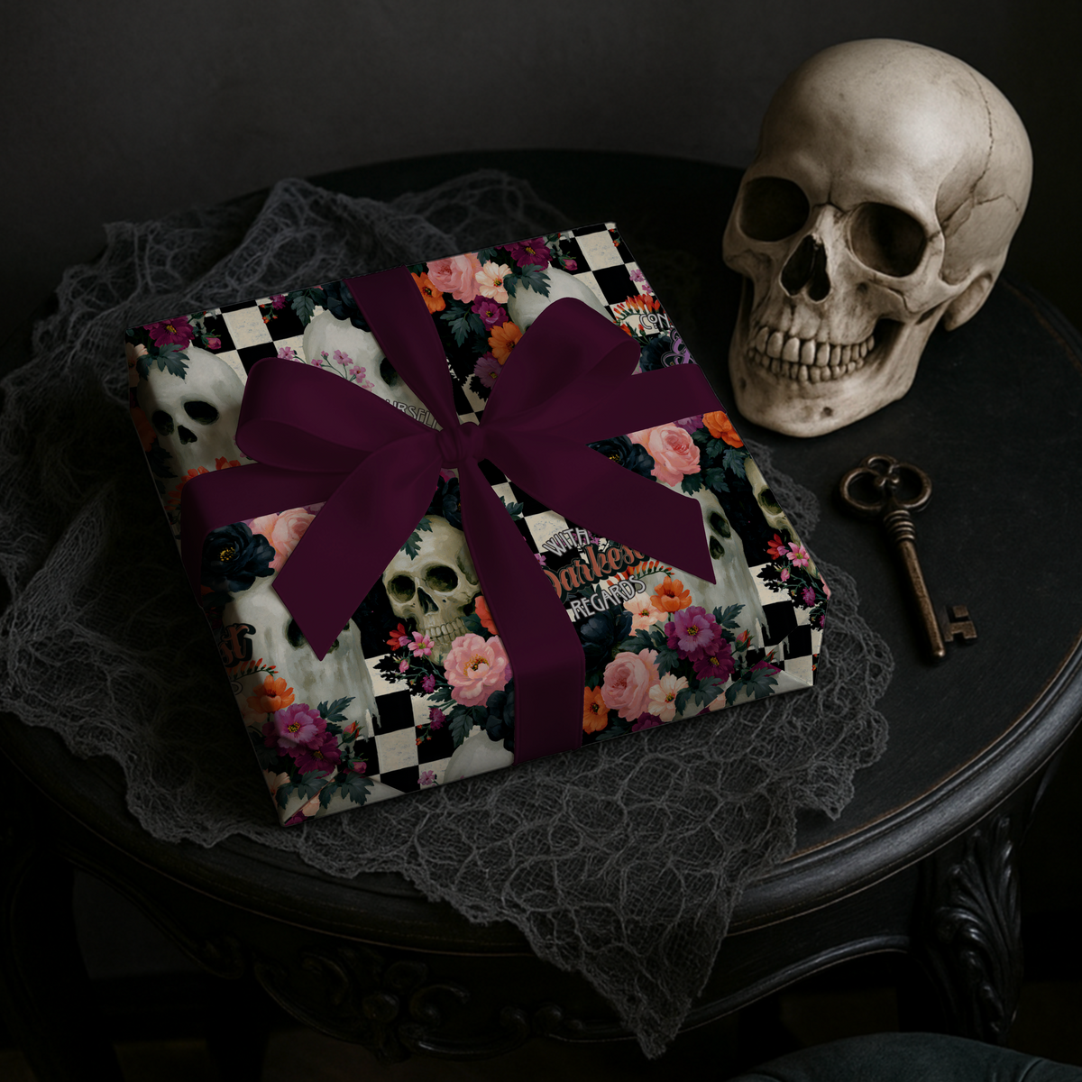 Deadly Little Pleasantries Gothic Skull Floral Wrapping Paper