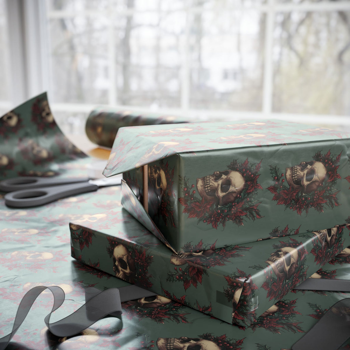 Death Be Merry Gothic Skull Christmas Wrapping Paper