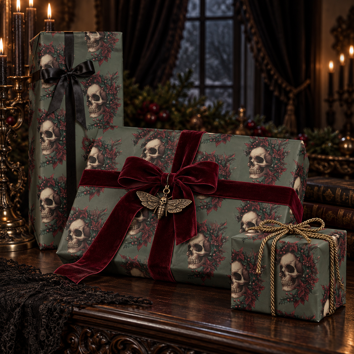 Death Be Merry Gothic Skull Christmas Wrapping Paper