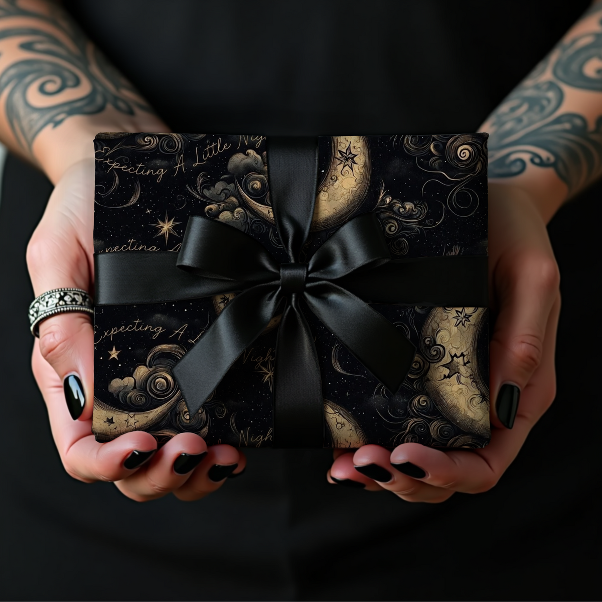 Expecting A Little Nightmare Dark Celestial Moon Baby Shower Wrapping Paper