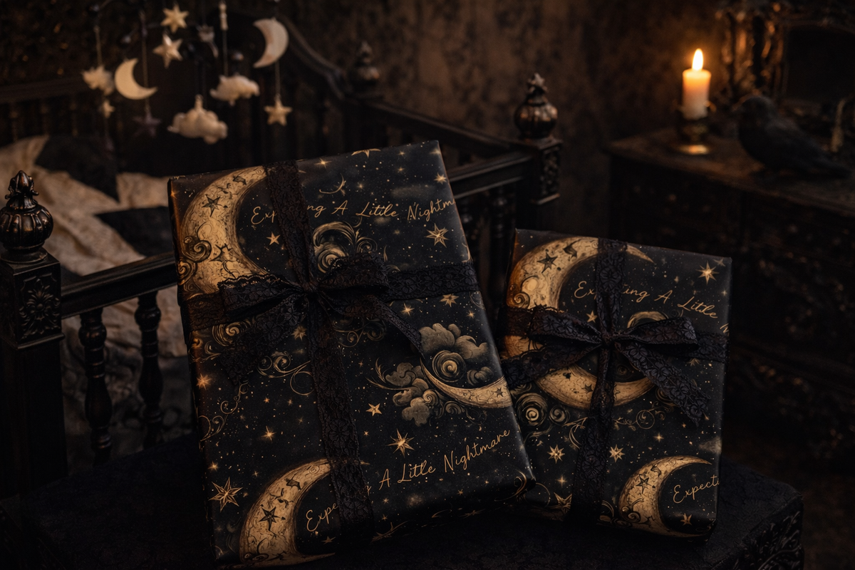 Expecting A Little Nightmare Dark Celestial Moon Baby Shower Wrapping Paper
