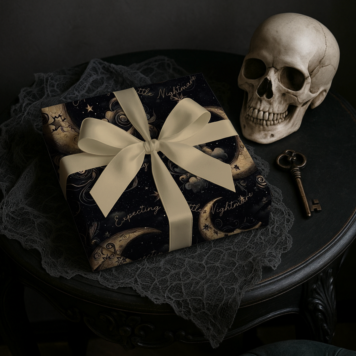 Expecting A Little Nightmare Dark Celestial Moon Baby Shower Wrapping Paper