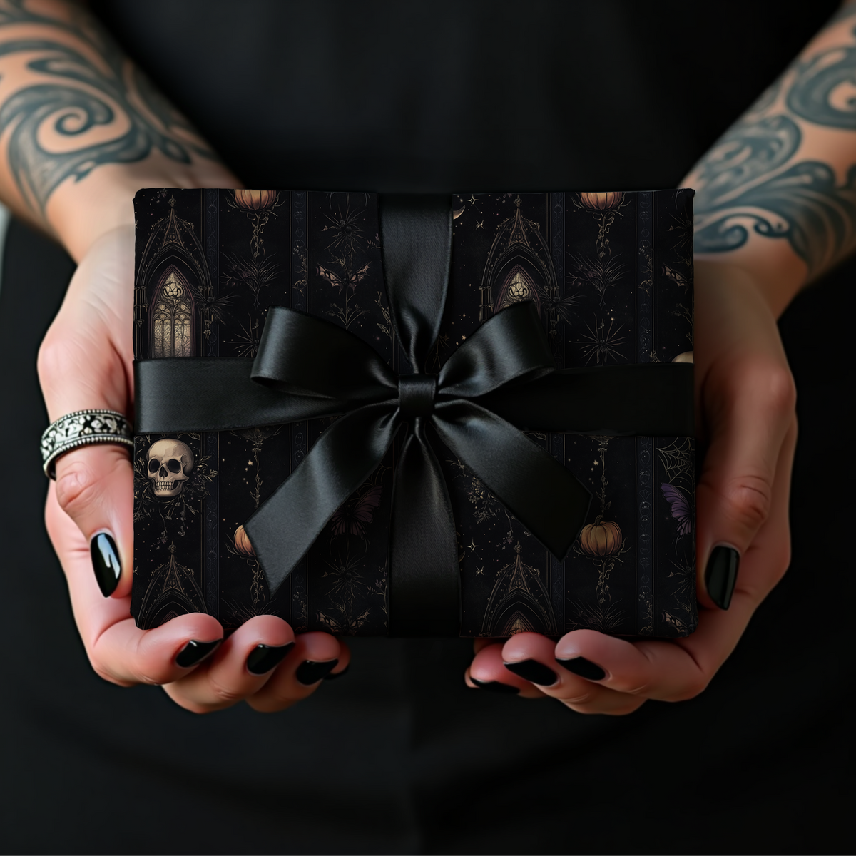 Garden of the Departed Gothic Celestial Moon Skull & Dark Flora Wrapping Paper