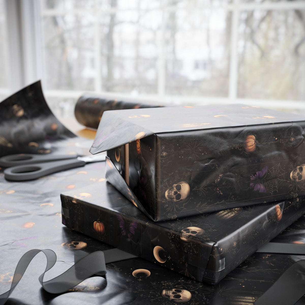 Garden of the Departed Gothic Celestial Moon Skull & Dark Flora Wrapping Paper