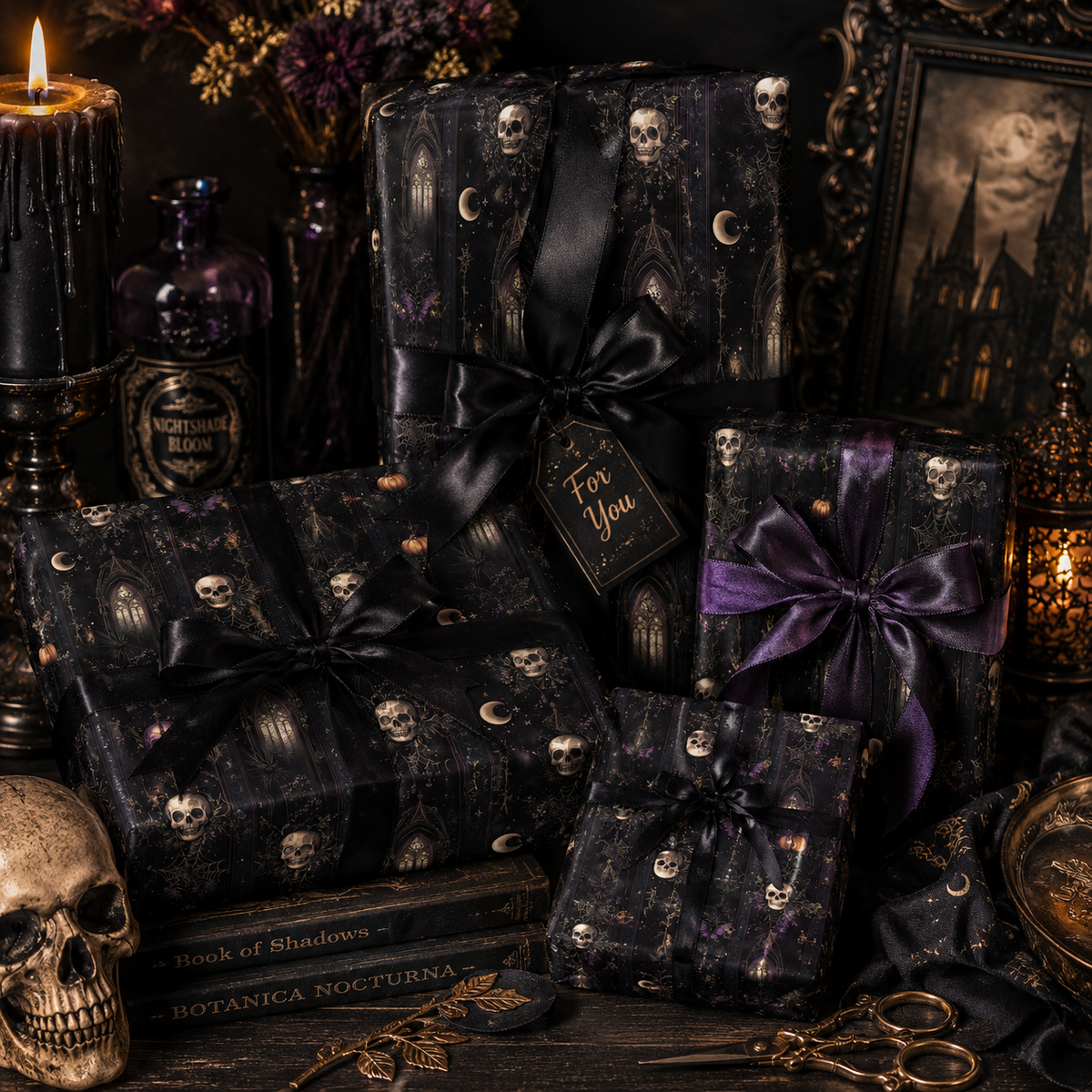 Garden of the Departed Gothic Celestial Moon Skull & Dark Flora Wrapping Paper