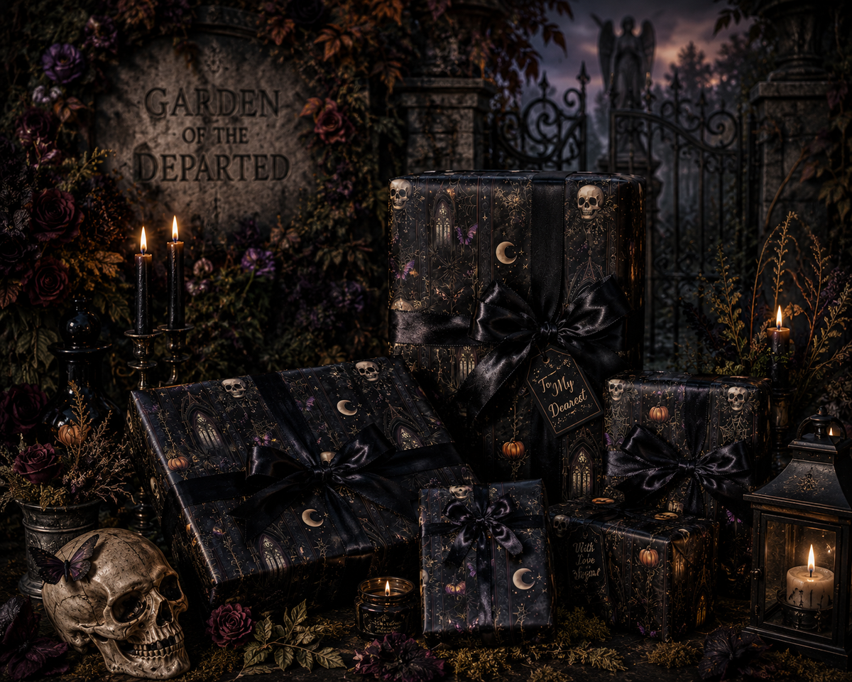 Garden of the Departed Gothic Celestial Moon Skull & Dark Flora Wrapping Paper