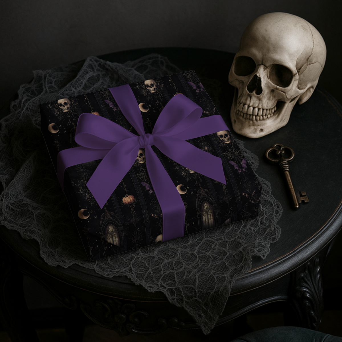 Garden of the Departed Gothic Celestial Moon Skull & Dark Flora Wrapping Paper