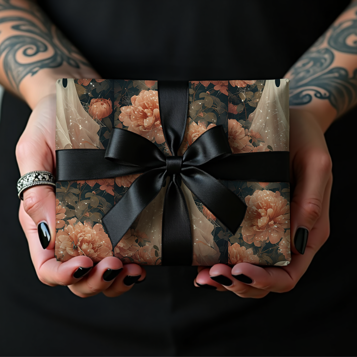 Ghost in the Garden Elegant Peach Floral Dark Romance Wrapping Paper