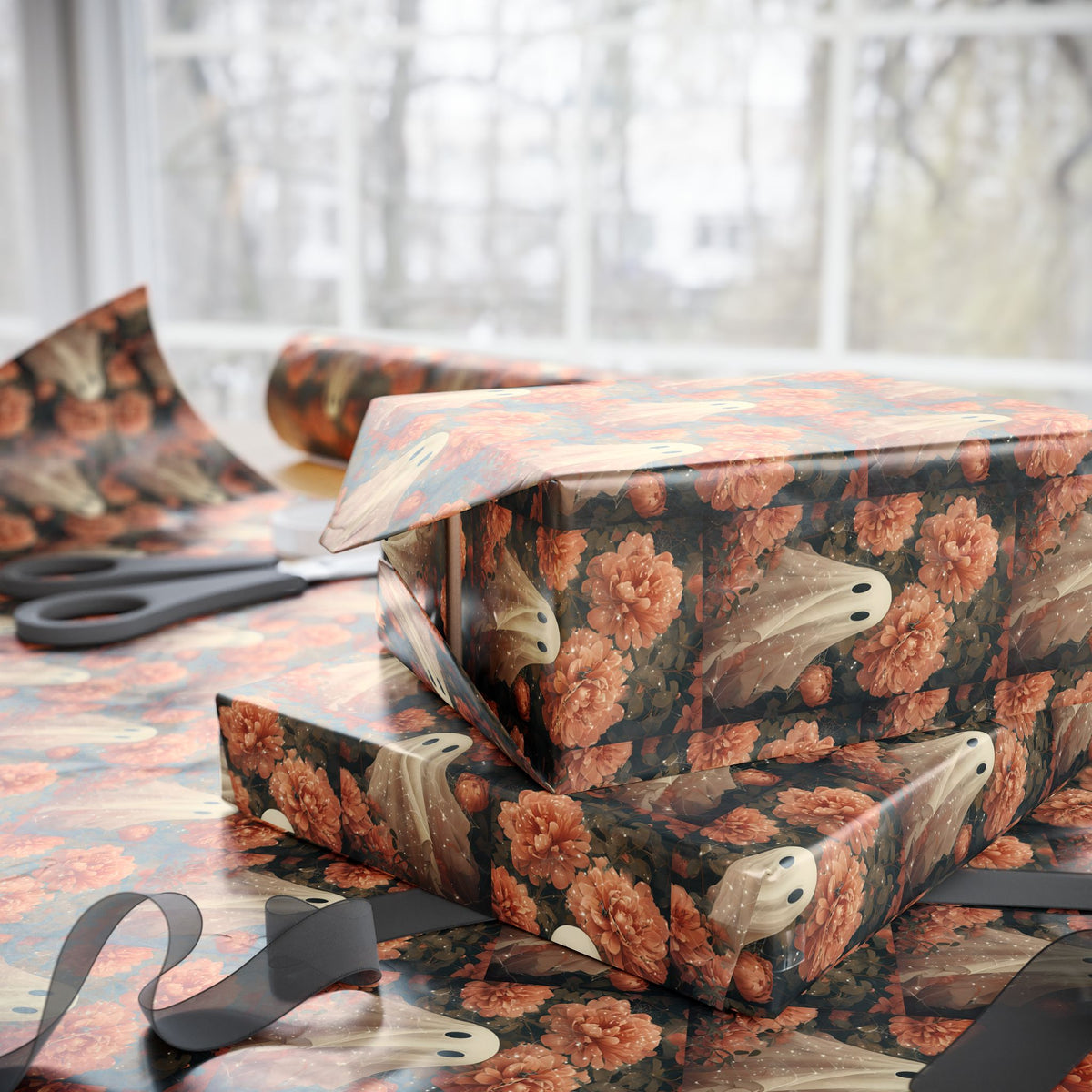 Ghost in the Garden Elegant Peach Floral Dark Romance Wrapping Paper