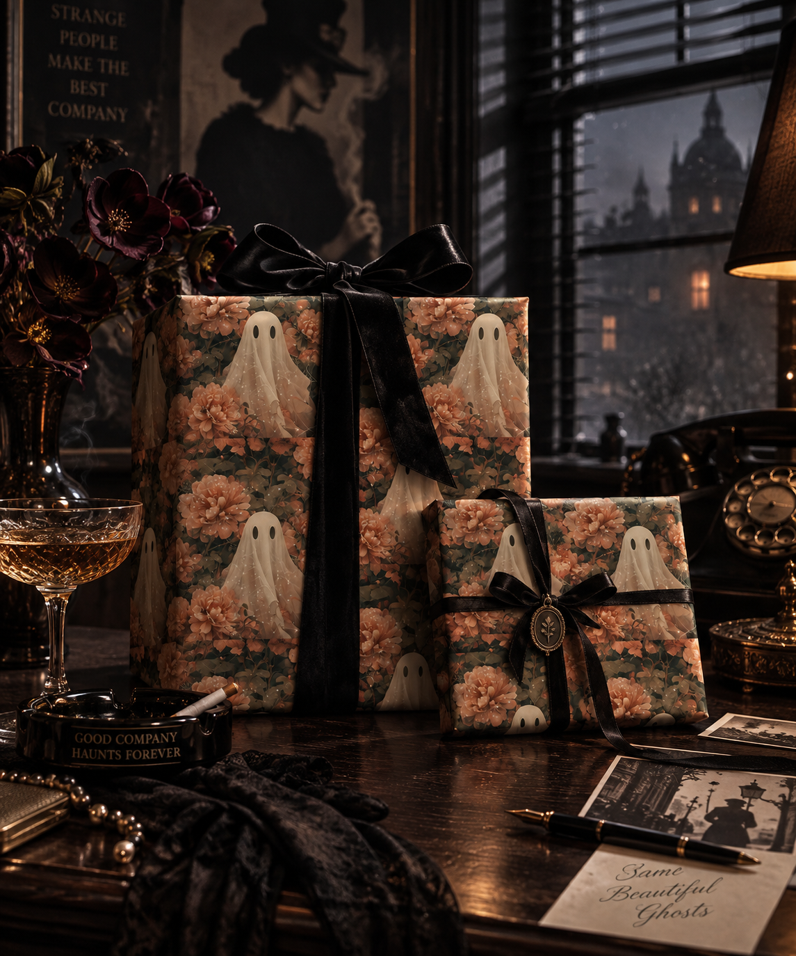 Ghost in the Garden Elegant Peach Floral Dark Romance Wrapping Paper