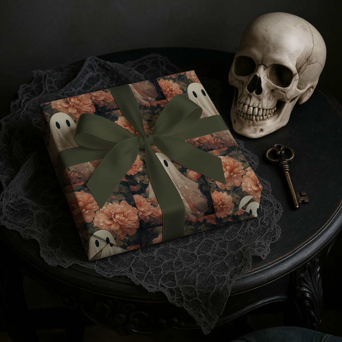 Ghost in the Garden Elegant Peach Floral Dark Romance Wrapping Paper