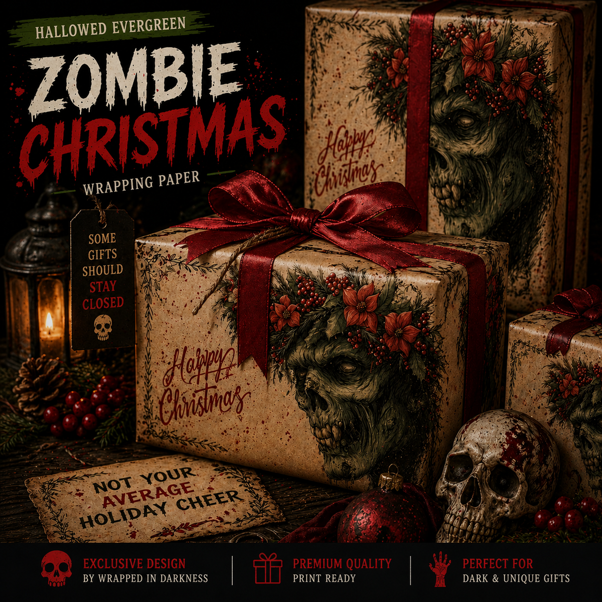 Hallowed Evergreen Zombie Christmas Gothic Wrapping Paper