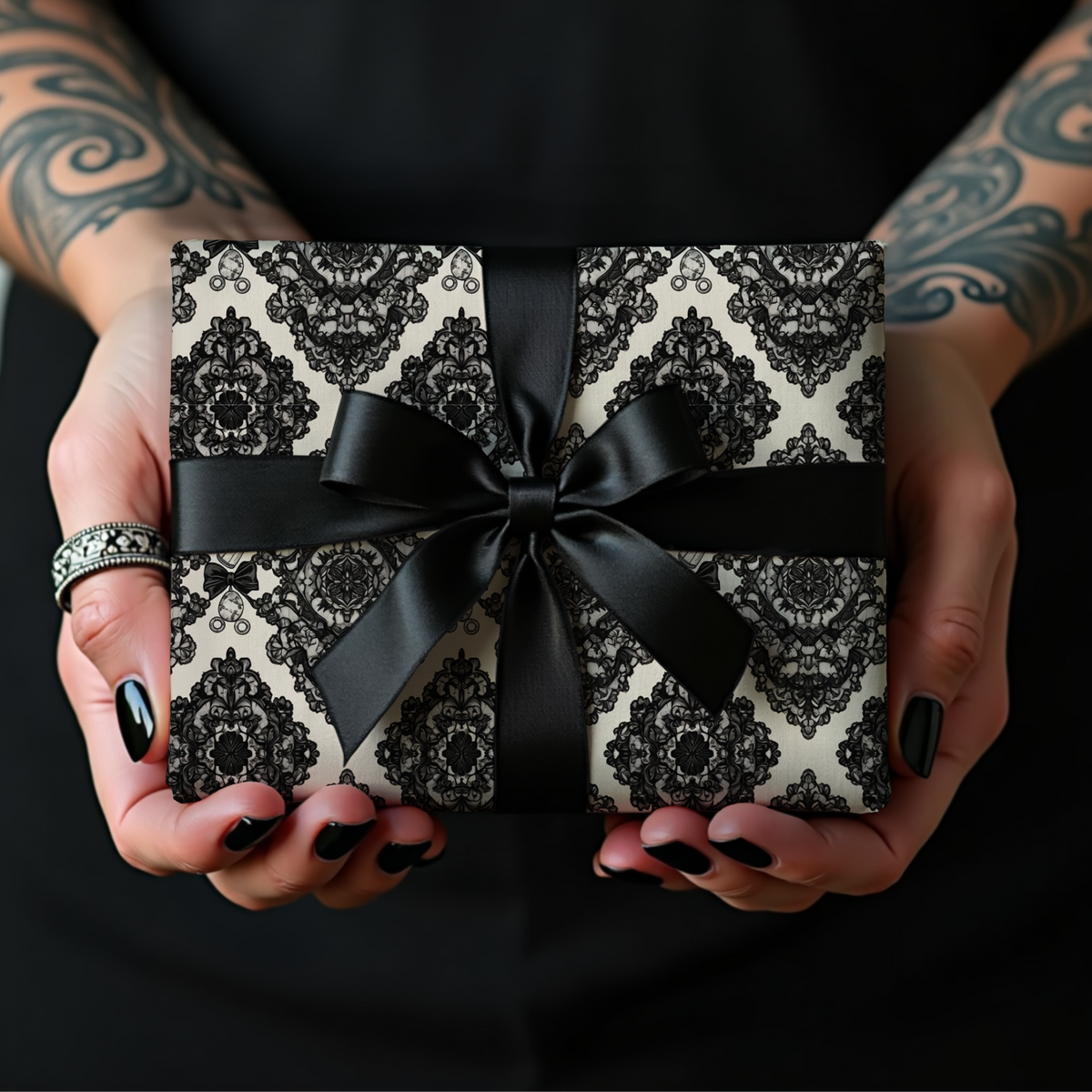 Lullaby in Lace Black Victorian Damask Baby Shower Wrapping Paper