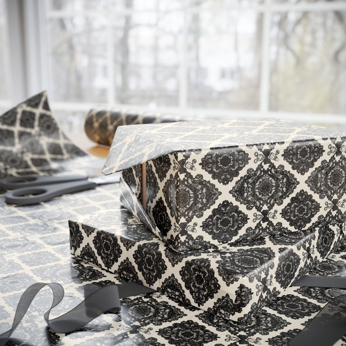 Lullaby in Lace Black Victorian Damask Baby Shower Wrapping Paper