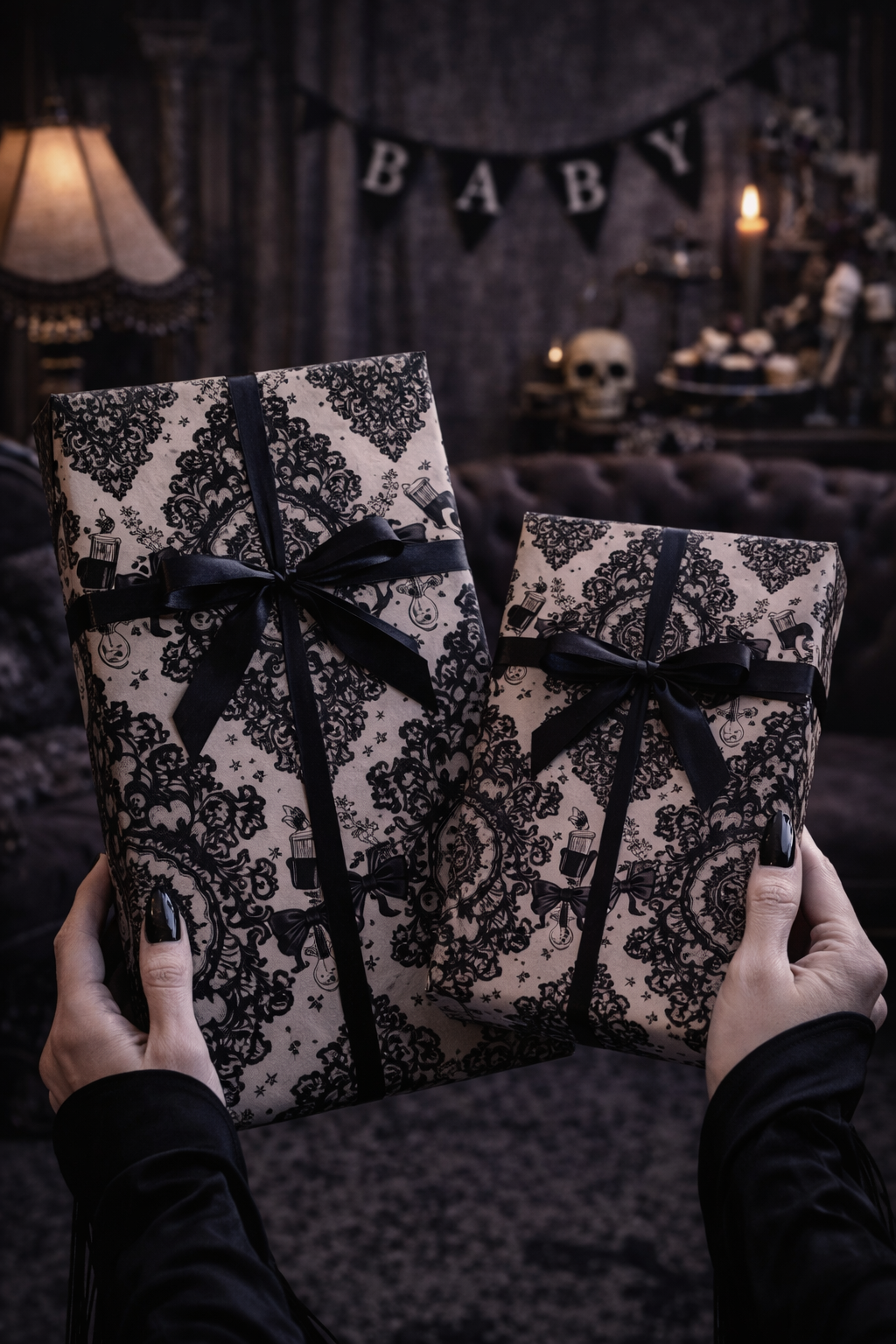 Lullaby in Lace Black Victorian Damask Baby Shower Wrapping Paper