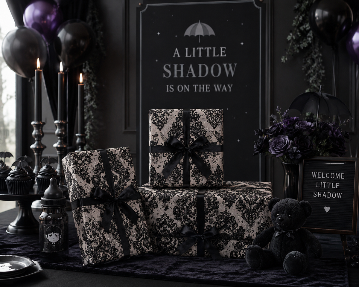 Lullaby in Lace Black Victorian Damask Baby Shower Wrapping Paper