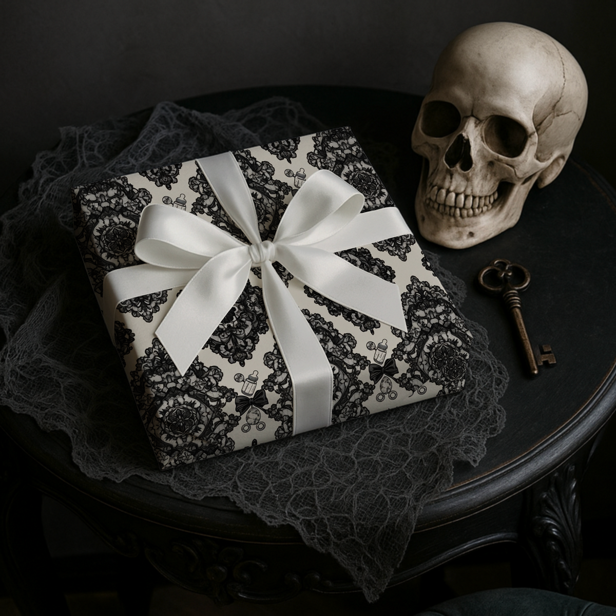 Lullaby in Lace Black Victorian Damask Baby Shower Wrapping Paper