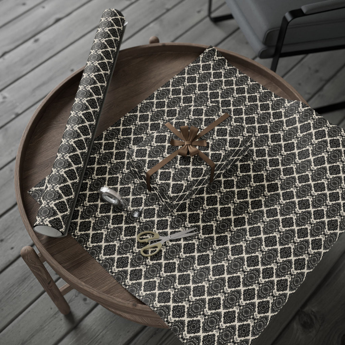 Lullaby in Lace Black Victorian Damask Baby Shower Wrapping Paper
