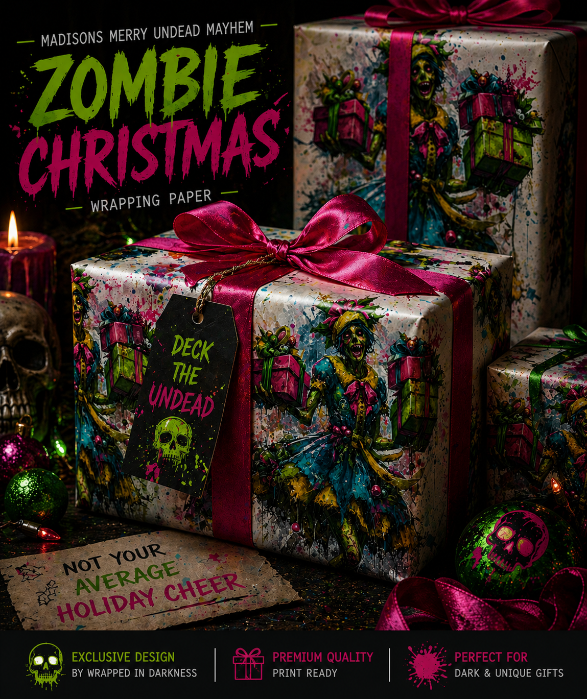 Madisons Merry Undead Mayhem Pink Zombie Horror Christmas Wrapping Paper
