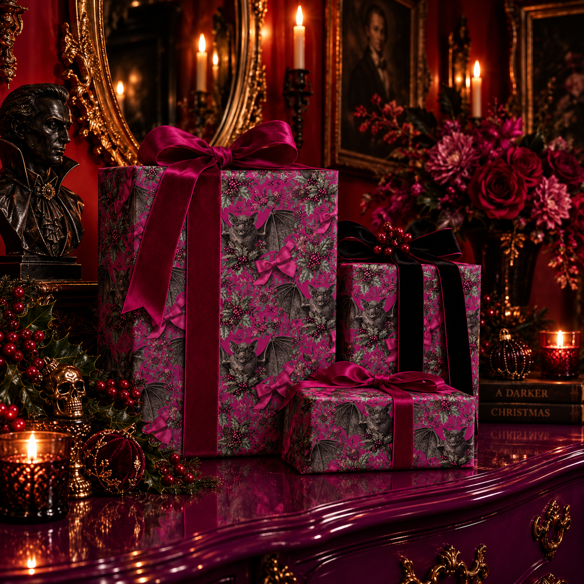 Magenta Holiday Dreams Gothic Bat Wrapping Paper