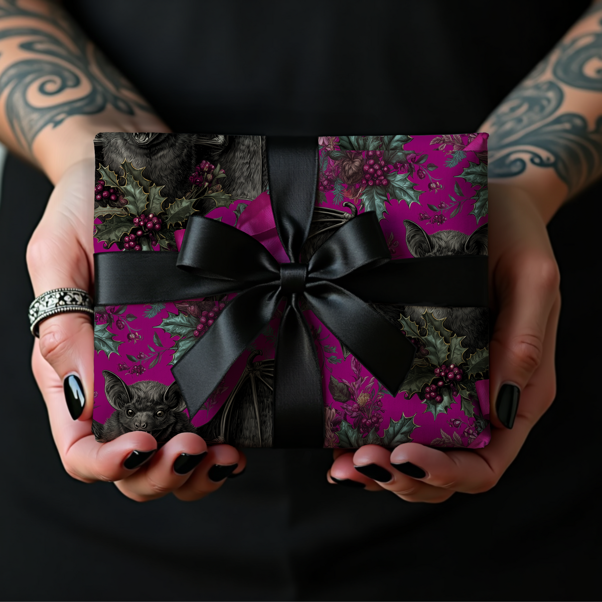 Magenta Holiday Dreams Gothic Bat Wrapping Paper