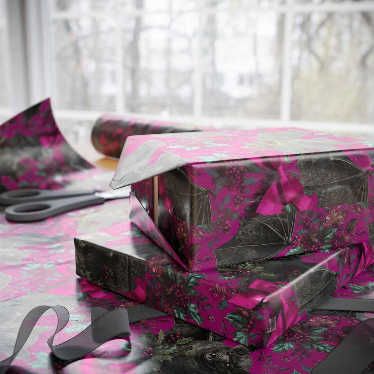 Magenta Holiday Dreams Gothic Bat Wrapping Paper