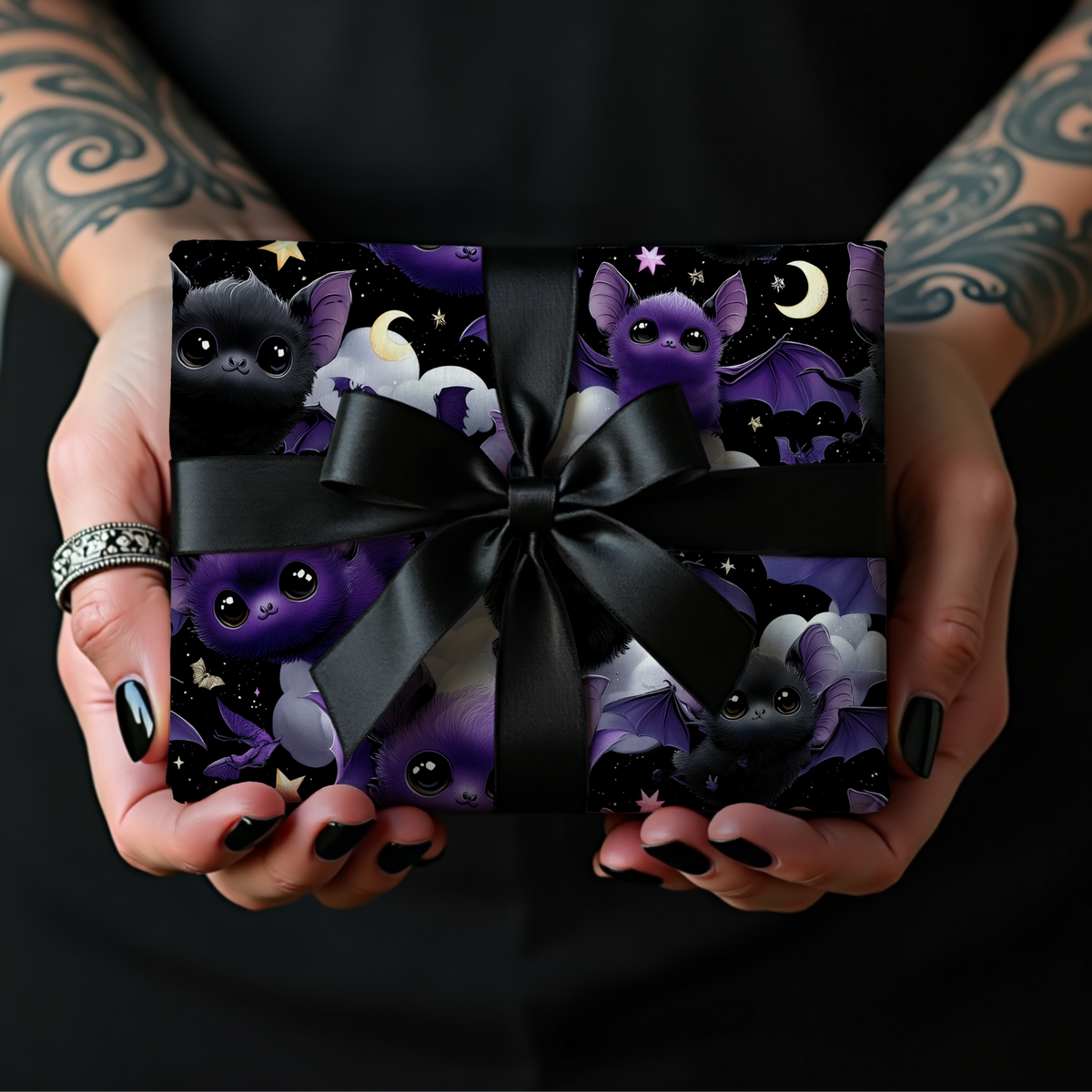 Midnight Snuggles Cute Kawaii Goth Baby Bat Wrapping Paper
