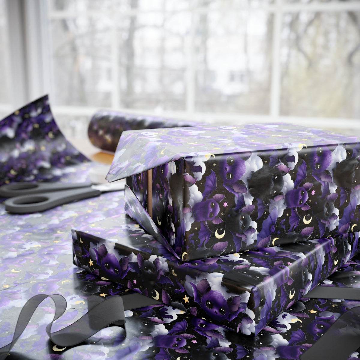 Midnight Snuggles Cute Kawaii Goth Baby Bat Wrapping Paper