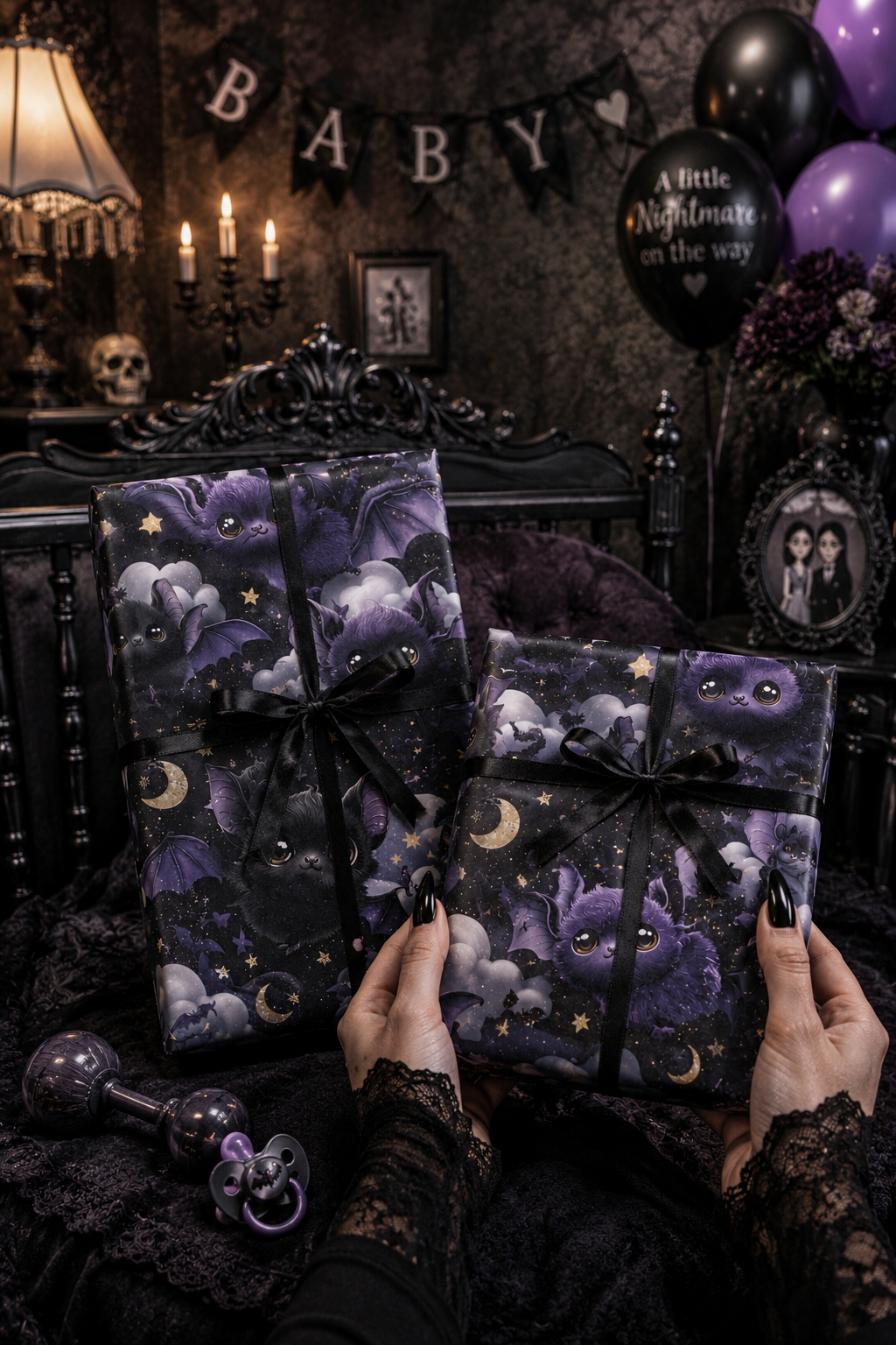 Midnight Snuggles Cute Kawaii Goth Baby Bat Wrapping Paper