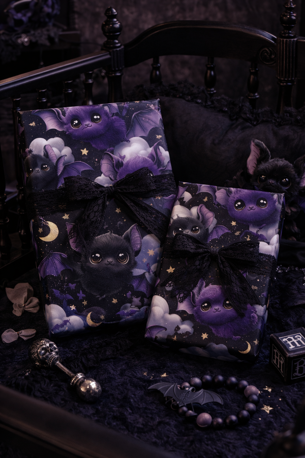 Midnight Snuggles Cute Kawaii Goth Baby Bat Wrapping Paper
