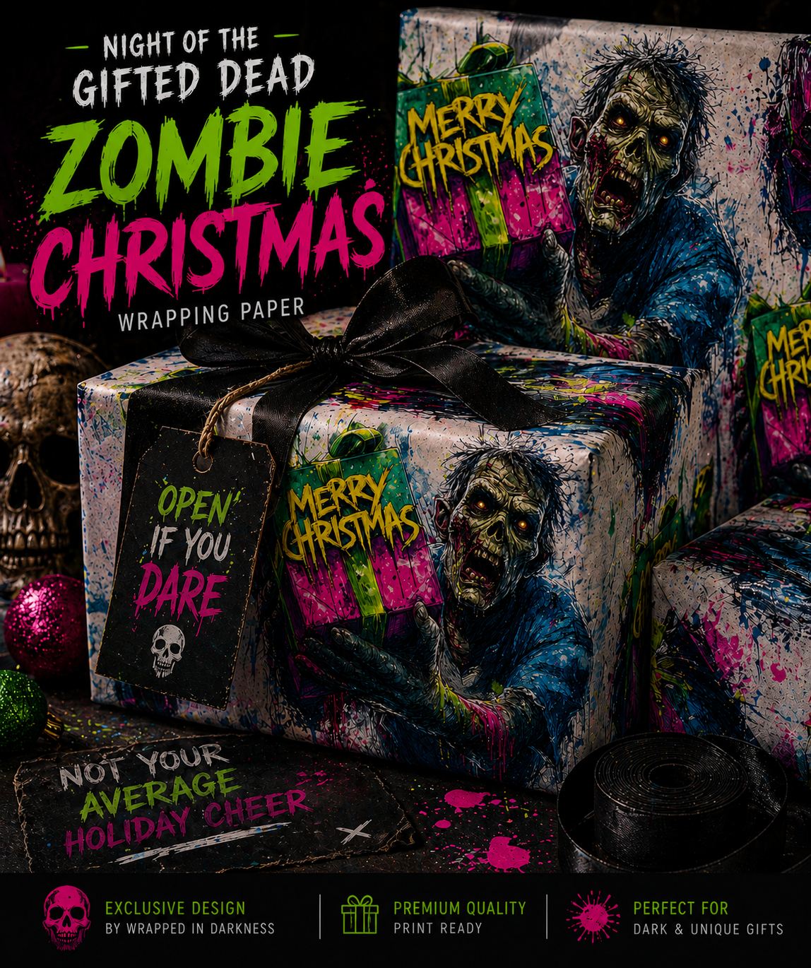 Night of the Gifted Dead Zombie Horror Christmas Wrapping Paper