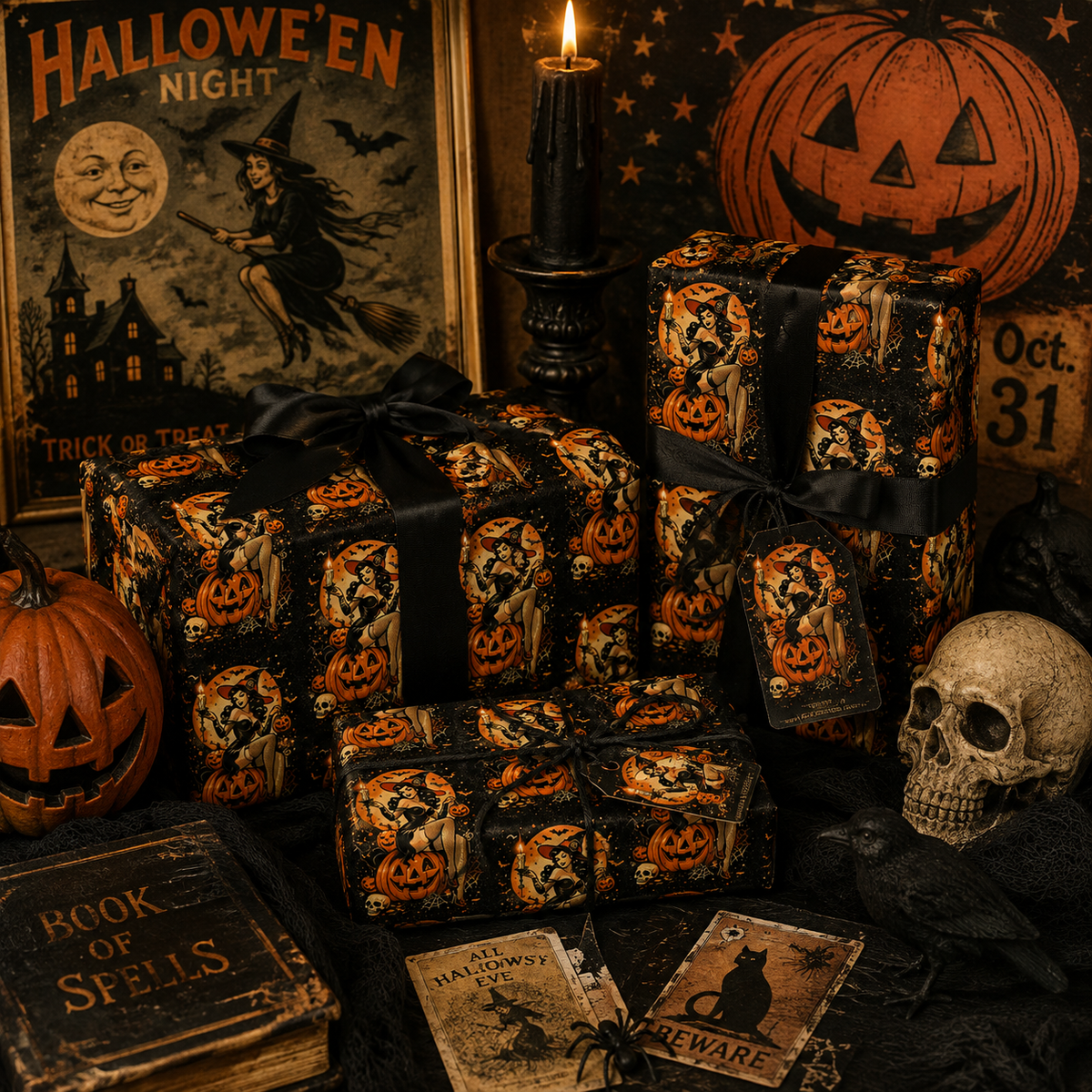 Pumpkin Spell Siren Vintage Retro Pinup Witch Wrapping Paper