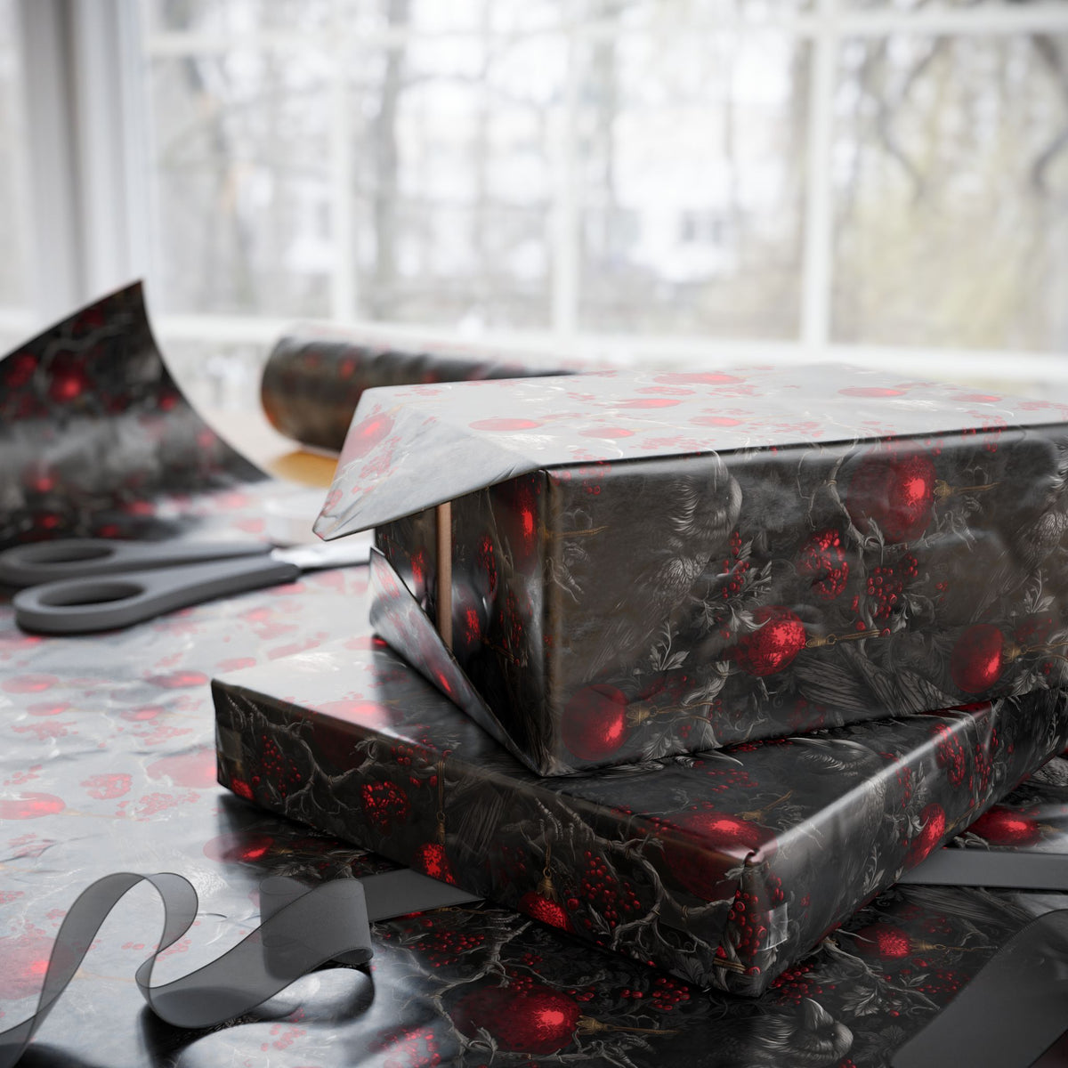 Ravens of the Crimson Night Gothic Christmas Wrapping Paper